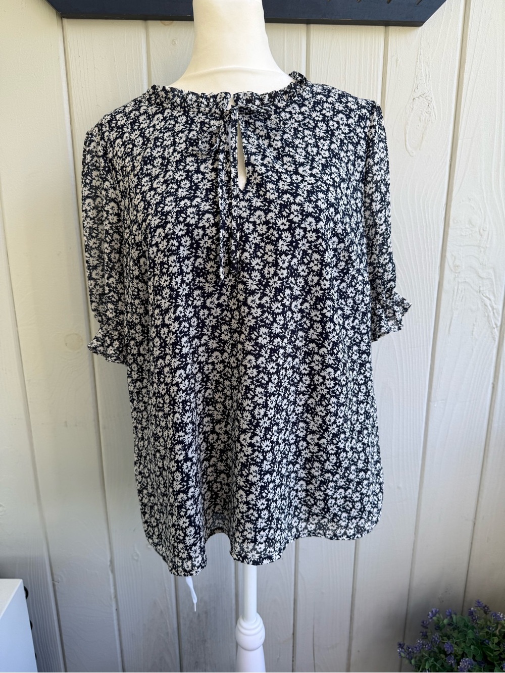 J. Crew Navy & White Floral Tie-Front Blouse